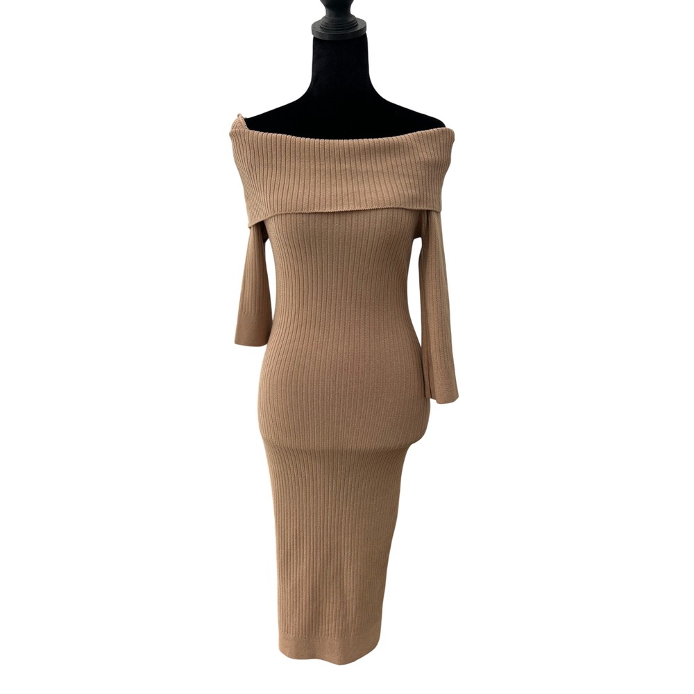 Dreamers Ribbed Off the Shoulder Bodycon Midi Dress Tan Brown M/L J5796